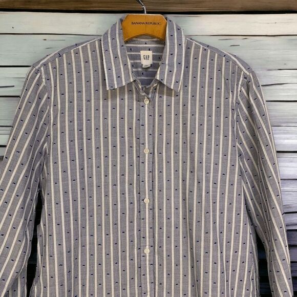 Gap Women's size Medium Tall Blue white silver striped long sleeve button up top - Picture 13 of 13